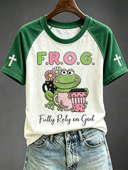 Women's Fully Rely On God Frog with Coffee Cup with Flowers Print Short Sleeve T-shirt