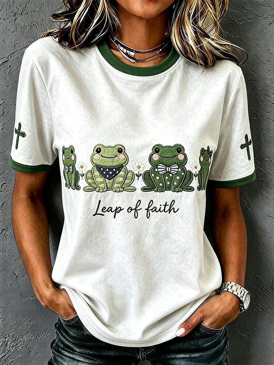 Women's Vintage Leap Of Faith Frog Print Round Neck Short-sleeved T-shirt