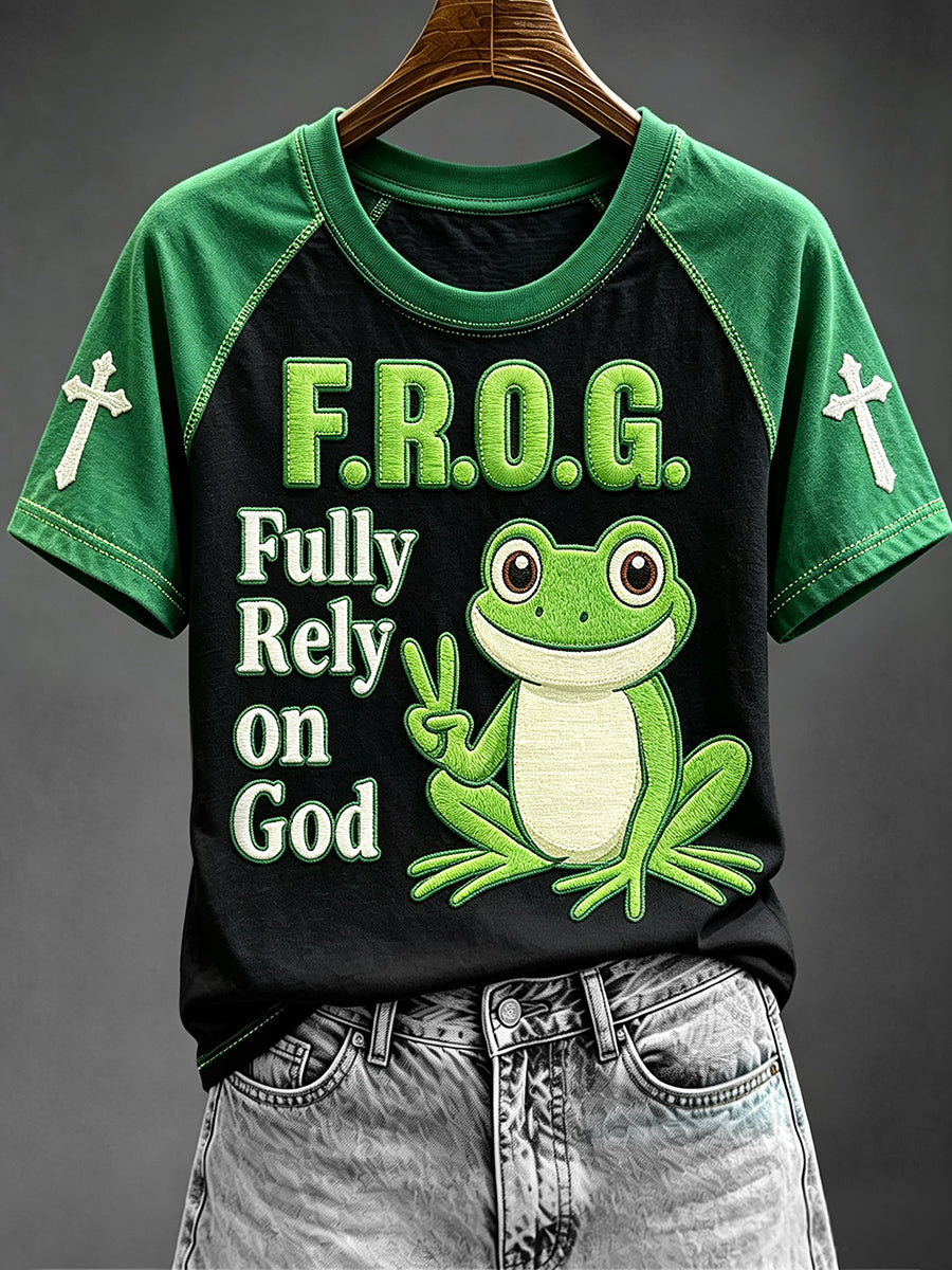 Women's Fully Rely On God Funny Christian Frog Faith Jesus Print Short Sleeve T-shirt