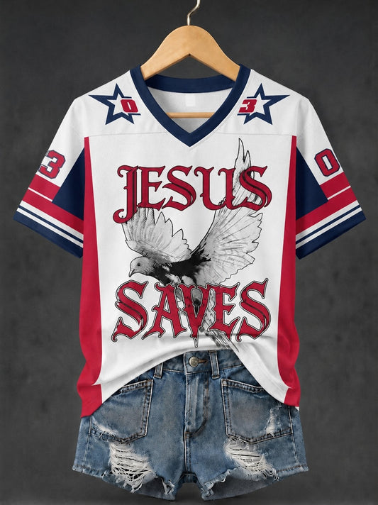 Women's Jesus Saves Printed V-neck T-shirt