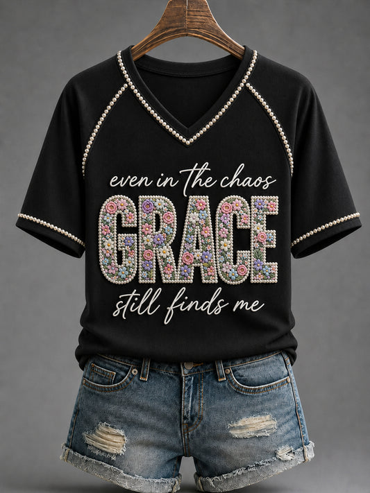 Women's Christian Even In The Chaos His Grace Still Finds Me Cross V-neck Off-shoulder Short-sleeved T-shirt