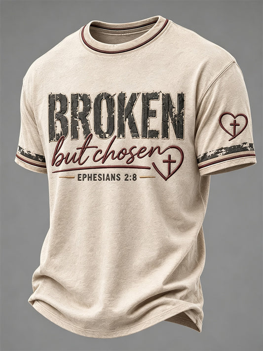 Men's Christian Cross Broken But Chosen Print Casual Tee