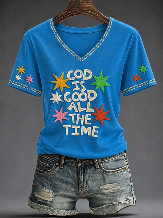 Women's GOD IS GOOD ALL THE TIME Printed V-neck T-shirt