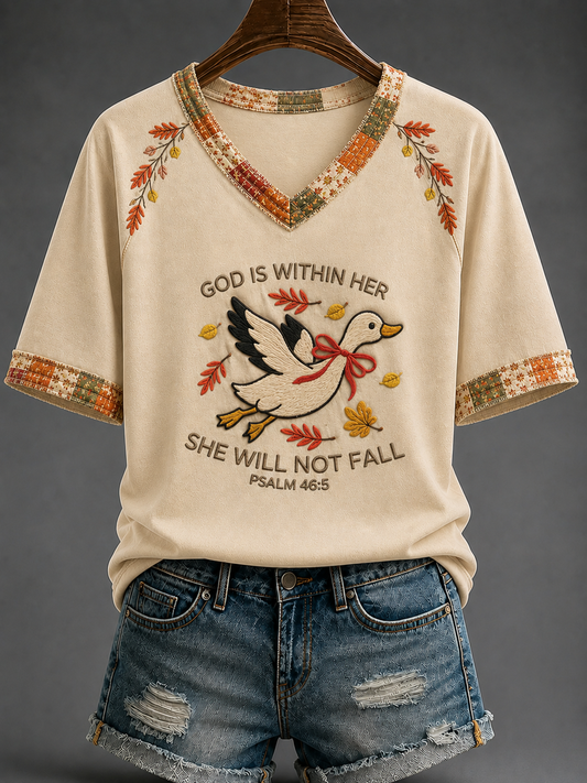 Women's God V-neck Off-shoulder Short-sleeved T-shirt