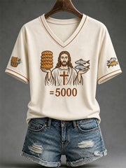 Women's Jesus 2 Fishes 5 Breads 5000 Chosen Against The Current Print Casual V-Neck Tee