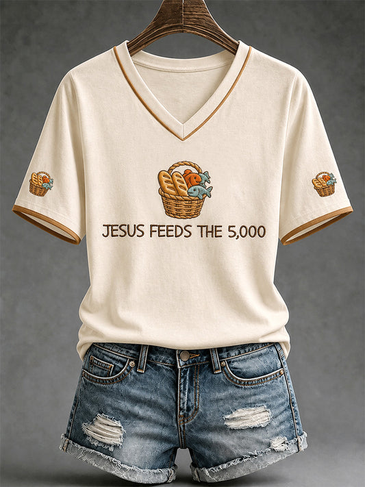 Women's Jesus 2 Fishes 5 Breads 5000 Chosen Against The Current Print Casual V-Neck Tee