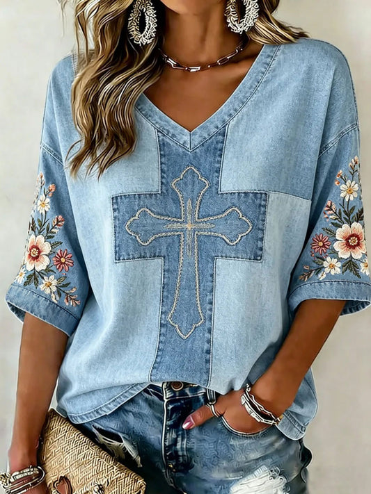 Women's Christian Faith Cross Mid-length Sleeves V-Neck T-Shirt