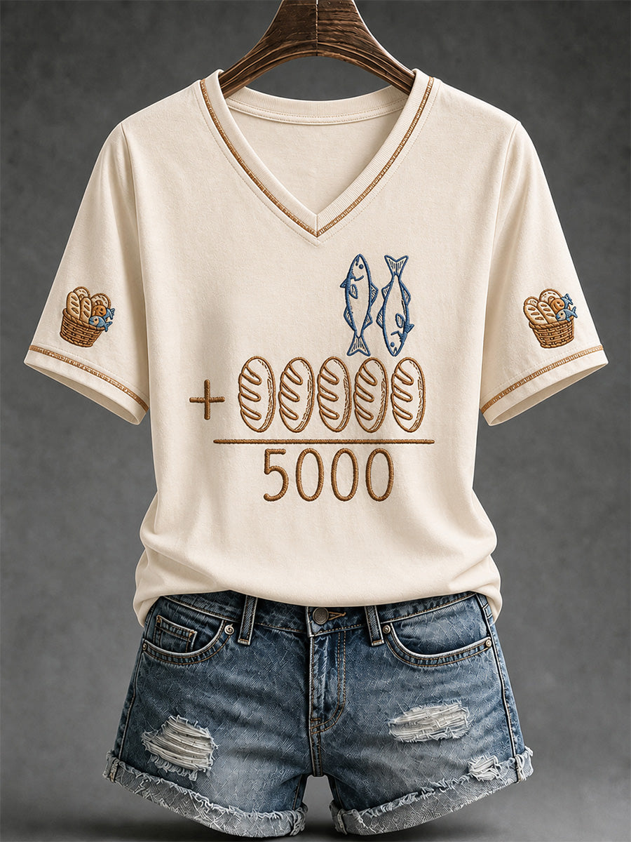 Women's Jesus 2 Fishes 5 Breads 5000 Chosen Against The Current Print Casual V-Neck Tee