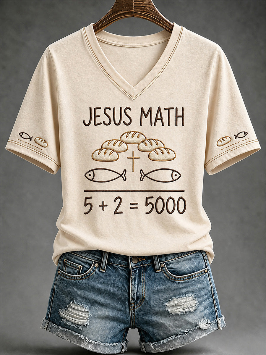 Women's Jesus 2 Fishes 5 Breads 5000 Chosen Against The Current Print Casual V-Neck Tee