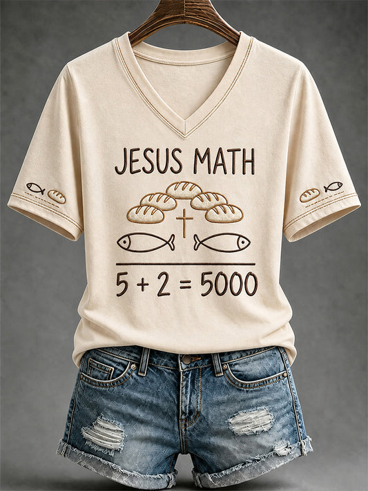 Women's Jesus 2 Fishes 5 Breads 5000 Chosen Against The Current Print Casual V-Neck Tee