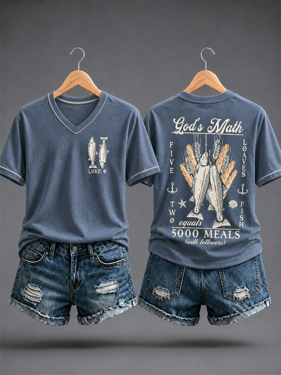 Women's Jesus 2 Fishes 5 Breads 5000 Chosen Against The Current Print Casual V-Neck Tee