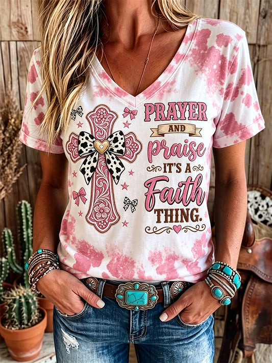 Women's Prayer Praise Faith Western Cross Cow Print Short-sleeved T-shirt