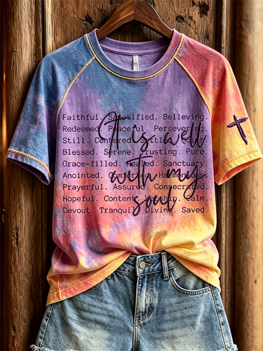 Women's It Is Well with My Soul Faithful Words Gradient Color Print short sleeve T-shirt
