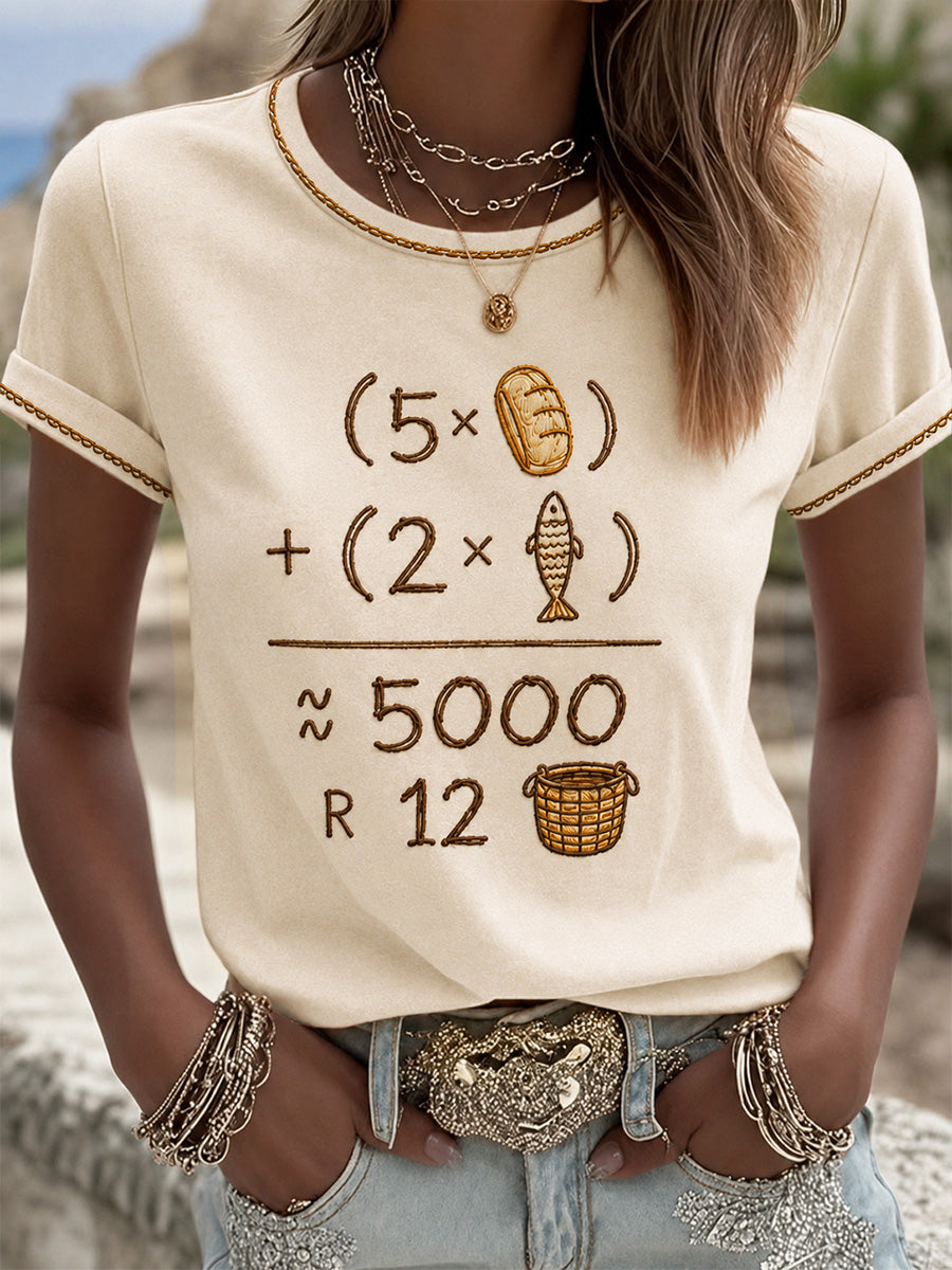 Women's Jesus 2 Fishes 5 Breads 5000 Print Casual Tee