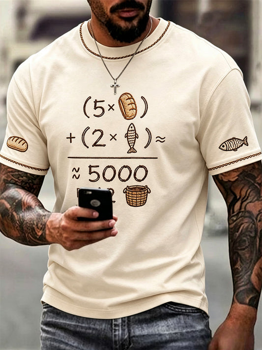 Men's Jesus 2 Fishes 5 Breads 5000 Print Casual Tee