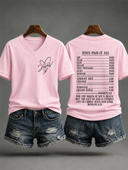 Women's Jesus Paid It All Print Casual V-Neck Tee