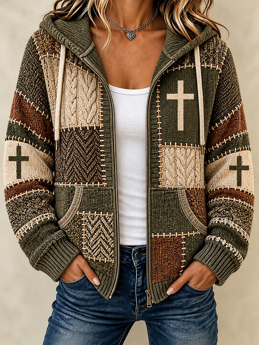 Women's Christian Art Cross Pattern Print Knitted Coat