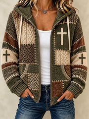 Women's Christian Art Cross Pattern Print Knitted Coat