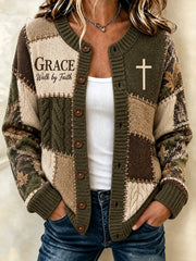 Women's Christian Art Cross Pattern Print Cardigan