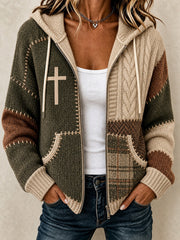 Women's Christian Art Cross Pattern Print Knitted Coat
