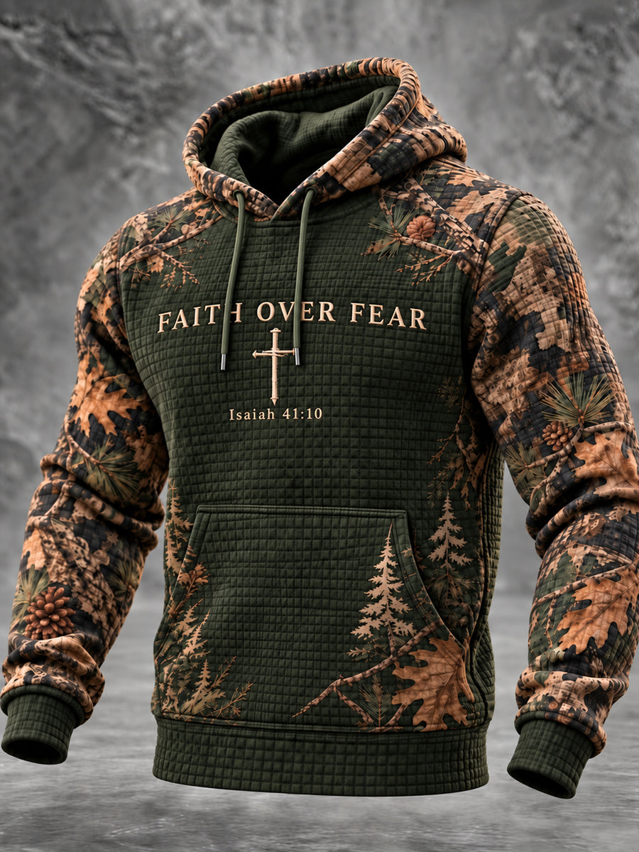 Men's Christian FAITH OVER FEAR  Isaiah 41:10 Checkered Cotton Hoodie