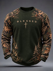 Men's Retro Christian Blessed Cross Print Casual  Waffle Long Sleeve T-Shirt