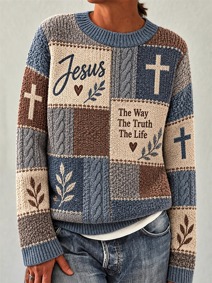 Women's Christian Cross Faith Patchwork Print Casual Long Sleeve Sweater