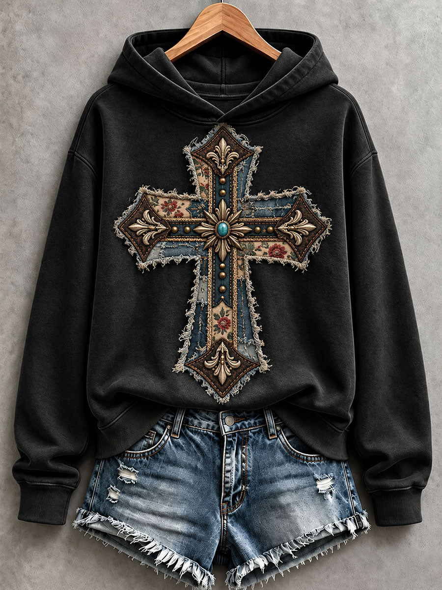 Women's Patchwork Art Cross Hoodie