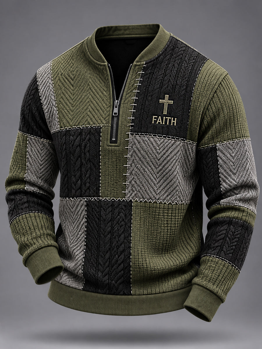 Men's Jesus Cross Faith Colorblock Cable Pattern Print Casual Zipper Pullover