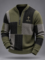 Men's Jesus Cross Faith Colorblock Cable Pattern Print Casual Zipper Pullover