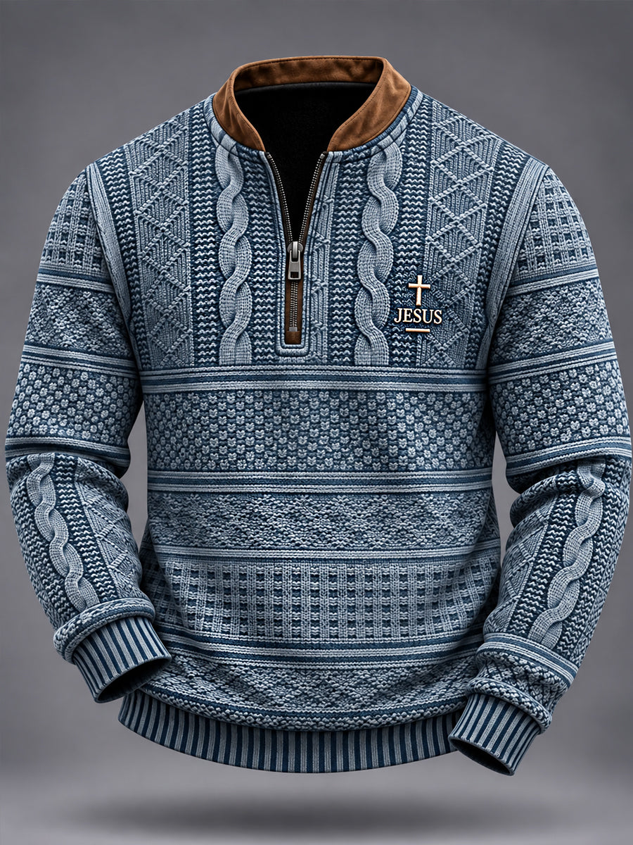 Men's Jesus Cross Faith Cable Pattern Print Casual Zipper Pullover