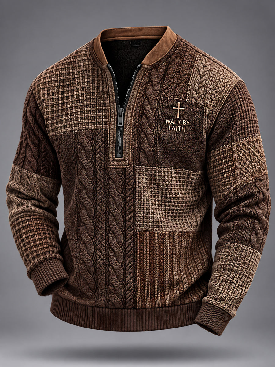 Men's Walk By Faith Cross Faith Colorblock Cable Pattern Print Casual Zipper Pullover