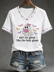 Women's Ain't No Ghost Like The Holy Ghost Christian Halloween Print Casual V-Neck Tee
