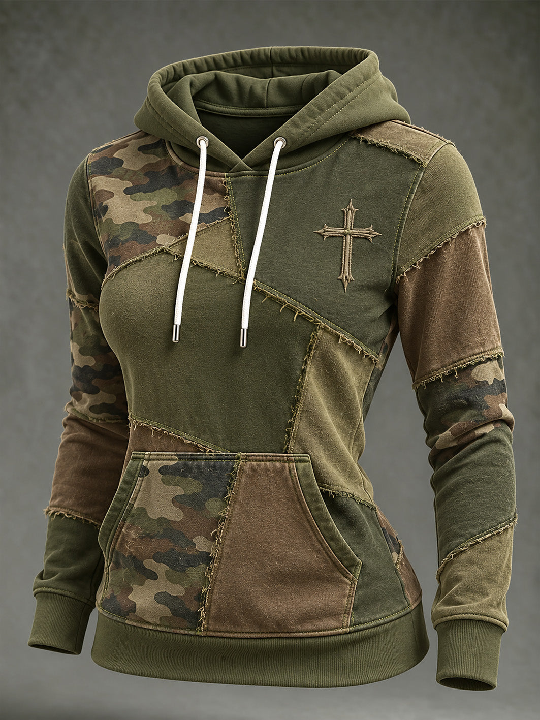 Women's Vintage Camouflage Element Block Patchwork Design Print Casual Hoodie
