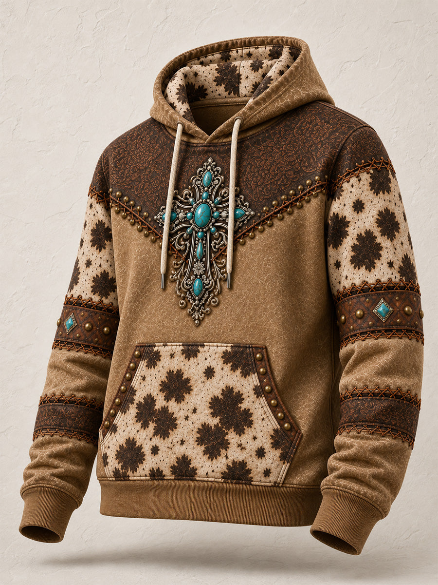 Men's Christian Cross Print Oversized Drop-Shoulder Hoodie With Pockets