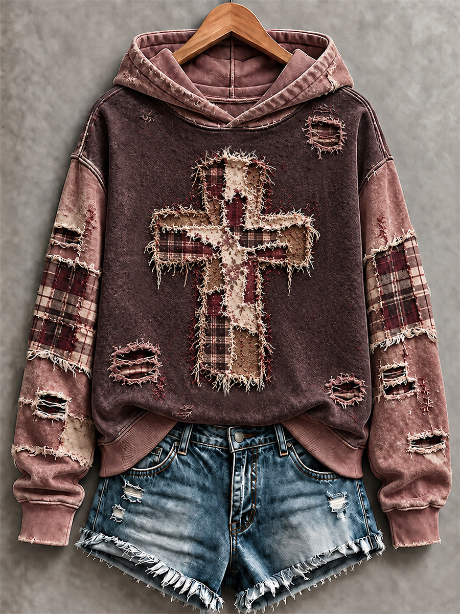Women's Patchwork Christian Cross Print Hoodie