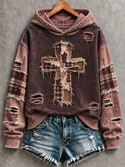 Women's Patchwork Christian Cross Print Hoodie