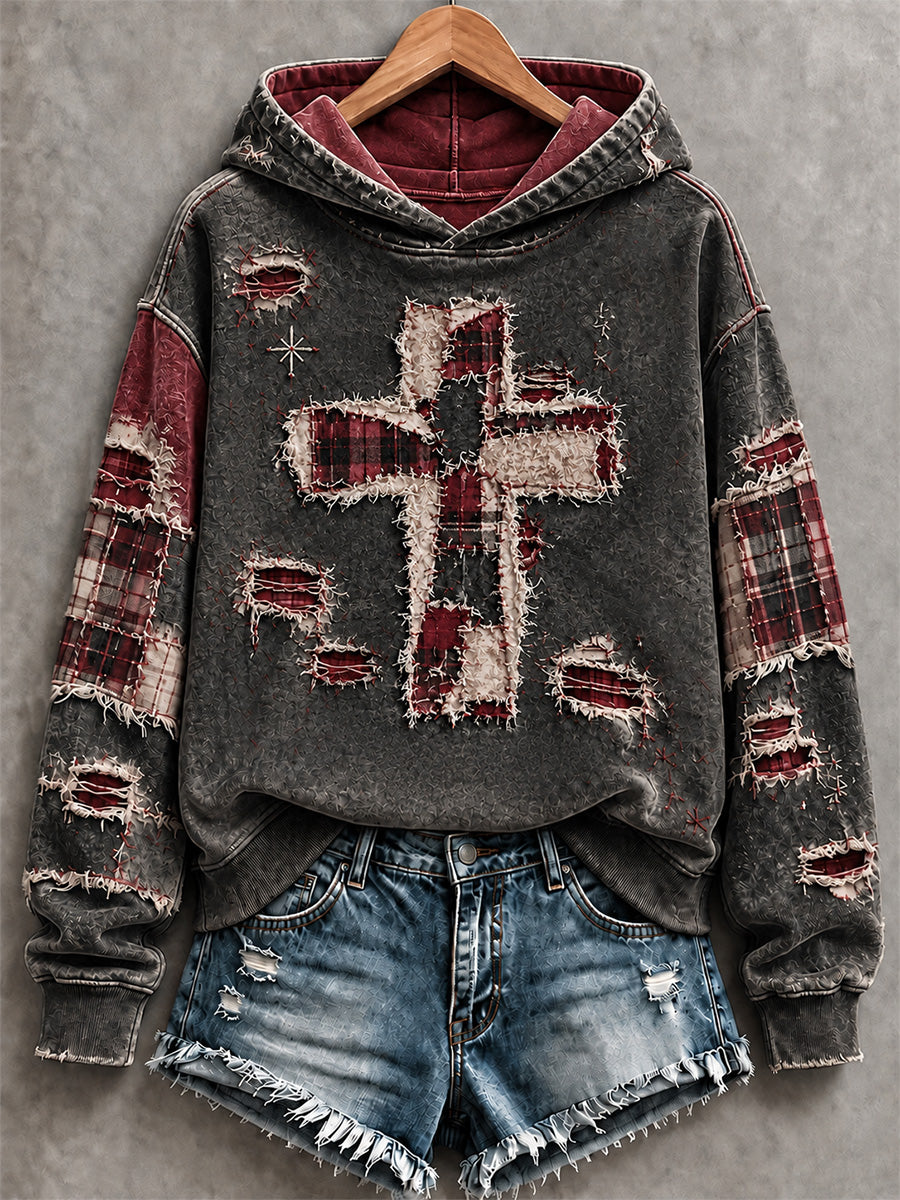 Women's Patchwork Christian Cross Print Hoodie