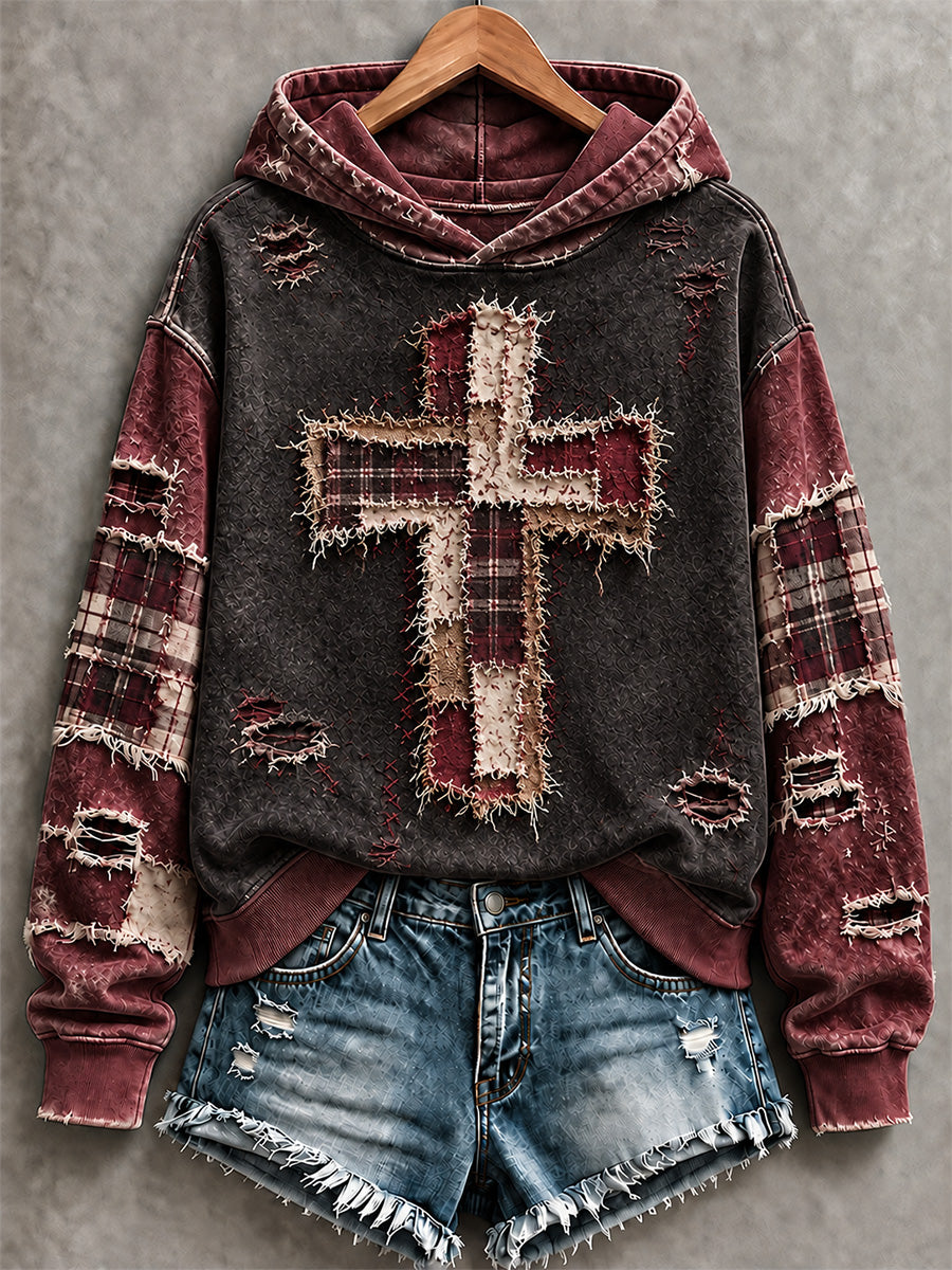 Women's Patchwork Christian Cross Print Hoodie