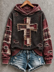 Women's Patchwork Christian Cross Print Hoodie