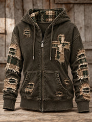 Women's Patchwork Christian Cross Print Zip-Up Hoodie