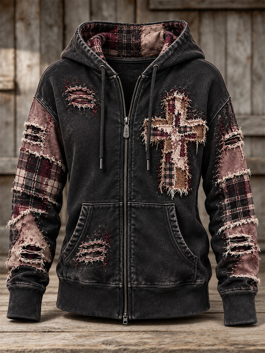 Women's Patchwork Christian Cross Print Zip-Up Hoodie
