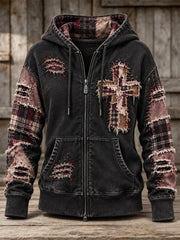 Women's Patchwork Christian Cross Print Zip-Up Hoodie