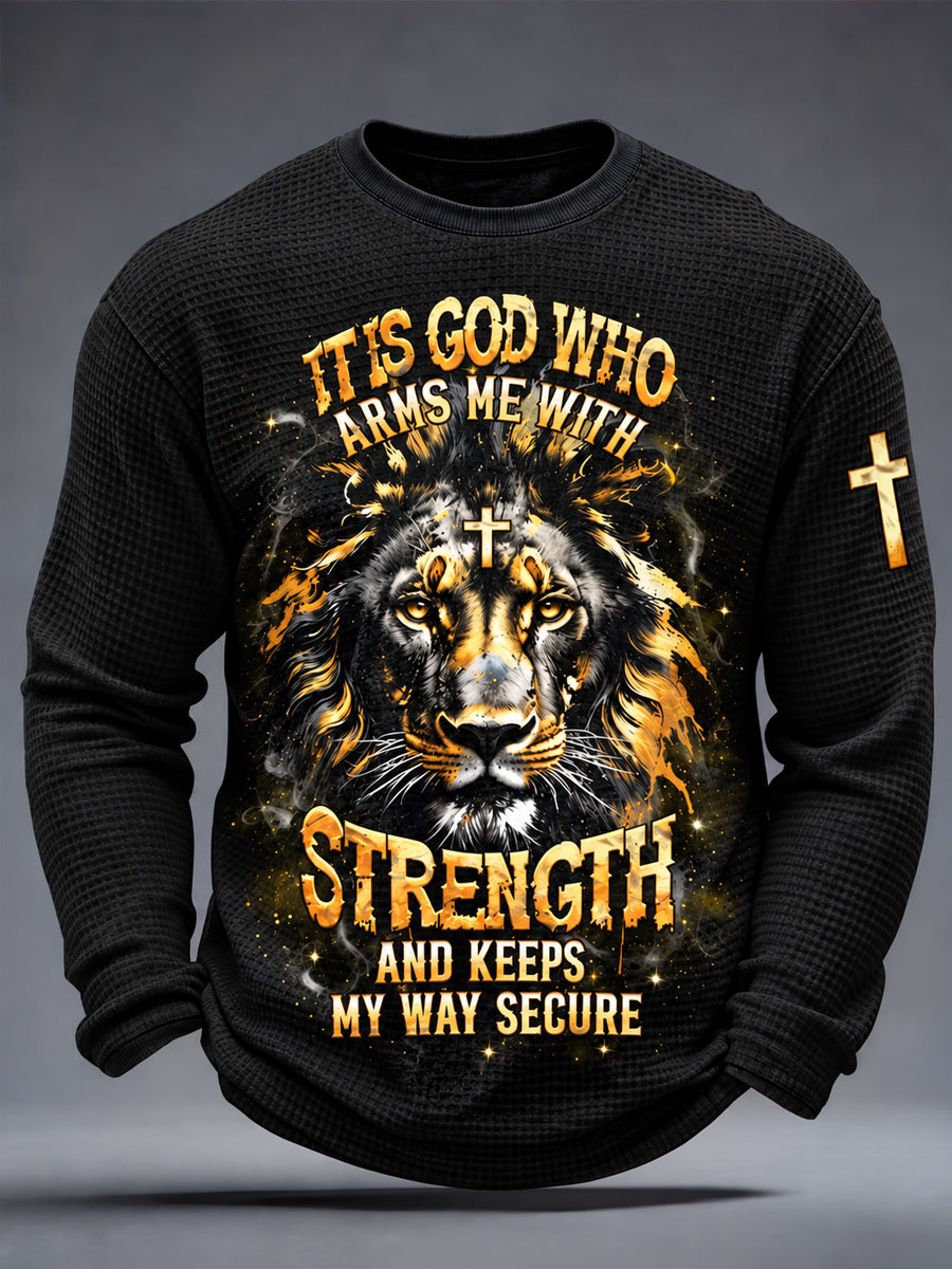 Men's Christian IT IS GOD WHO ARMS ME WITH STRENGTH AND KEEPS MY WAY SECURE Waffle Long Sleeve T-Shirt