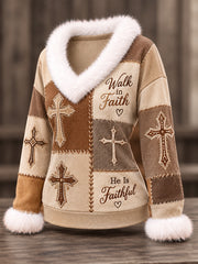 Women's Christian Walk By Faith Cross Patchwork Print Casual Fur Collar Top