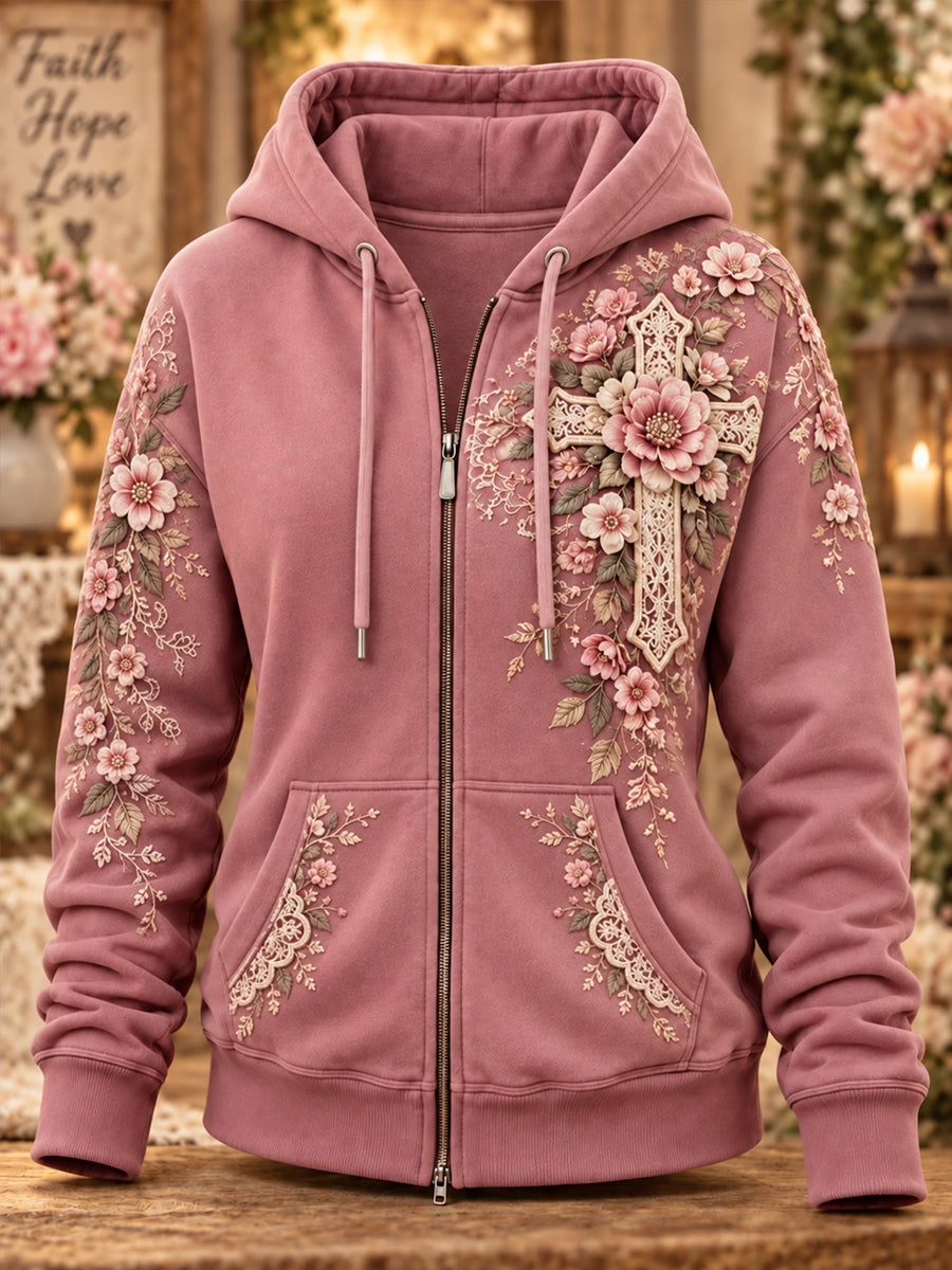 Women's Retro Christian Floral Cross Art Print Casual Zip-Up Hoodie