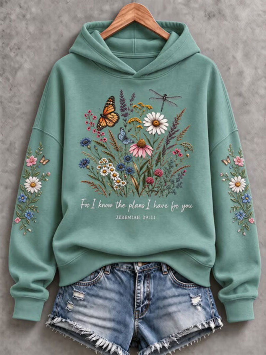 Women's Christian Faith Flowers Butterfly Print Regular Hoodie