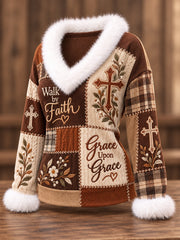 Women's Christian Walk By Faith Cross Patchwork Print Casual Fur Collar Top
