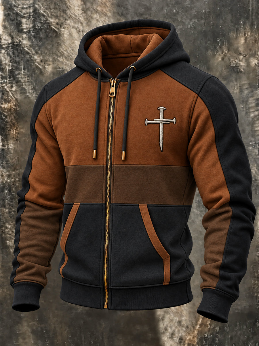 Men's Vintage Christian Cross Zip-Up Hoodie