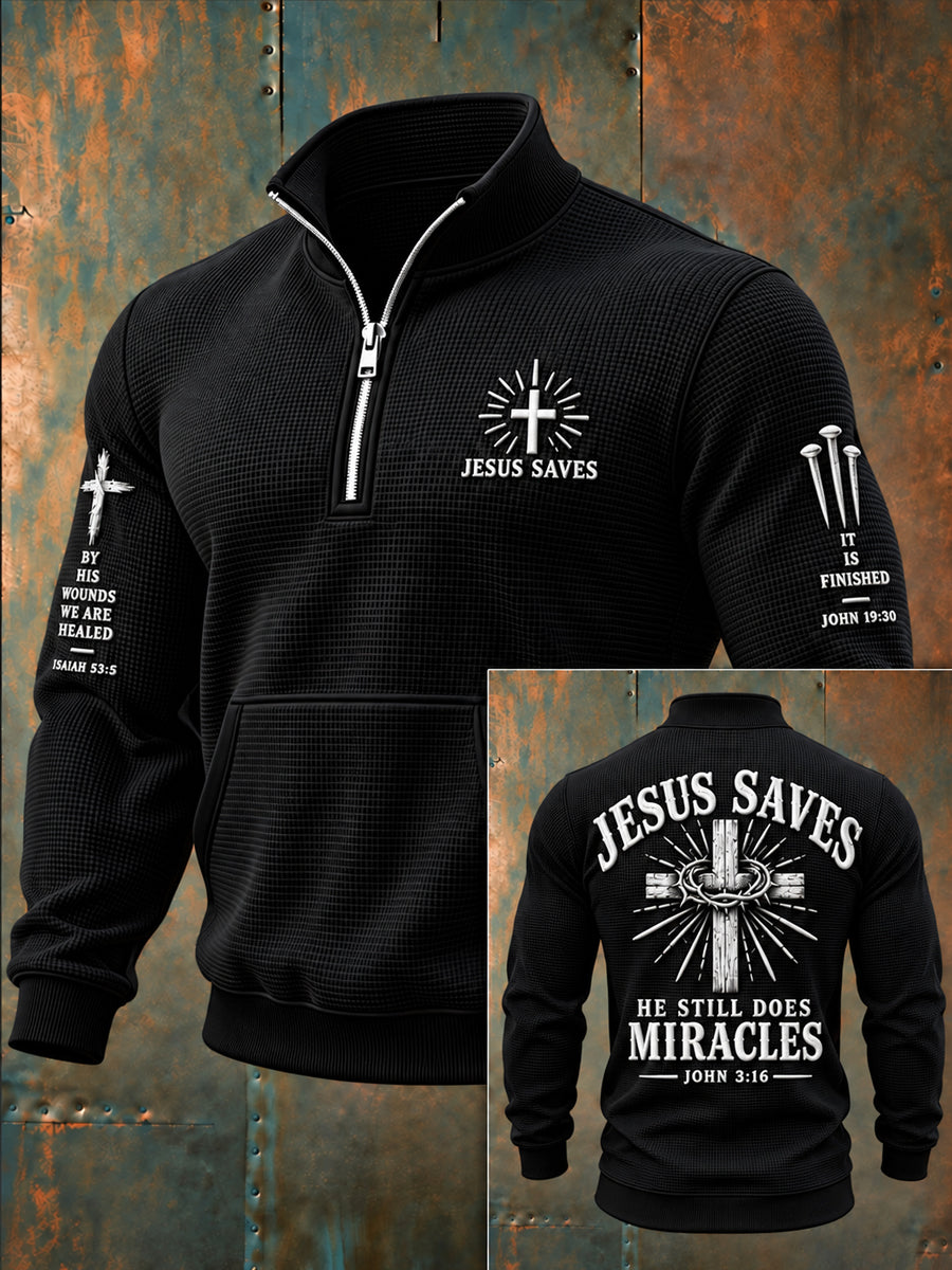 Men's Christian Jesus Saves Cross Zip-Up Waffle Sweatshirt